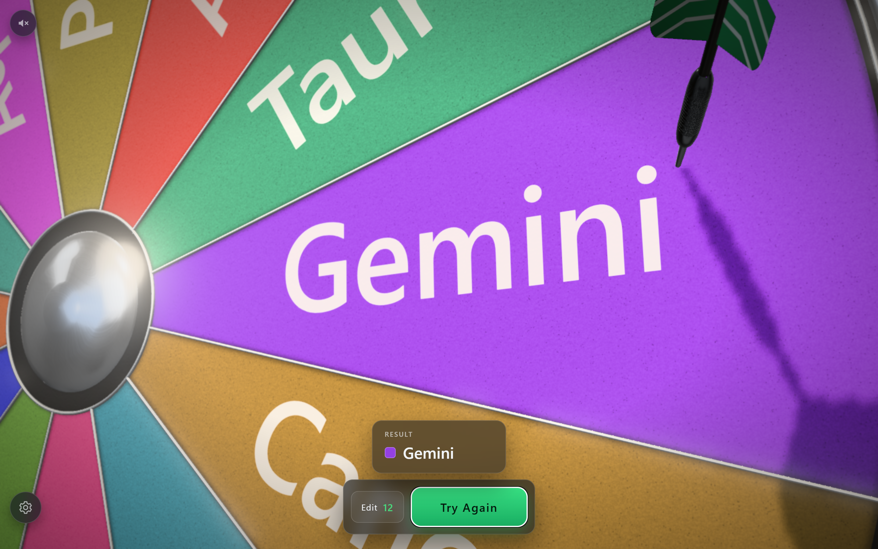 Spinner on desktop: a close-up of the dart and the result