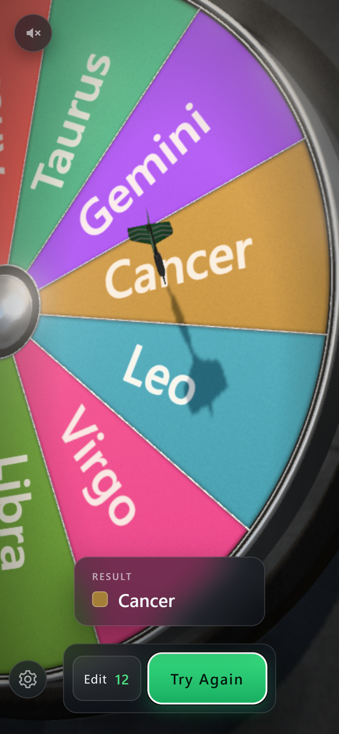 Spinner on a phone: the dart and the result